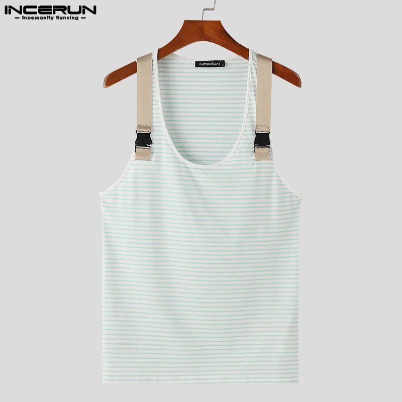 INCERUN Tops 2024 Koreanische Stil Mode Männer U-neck Patchwork Westen Männlichen Sommer Persönlichkeit Überzogene Gürtel Ärmellose Tank Tops S-5XL