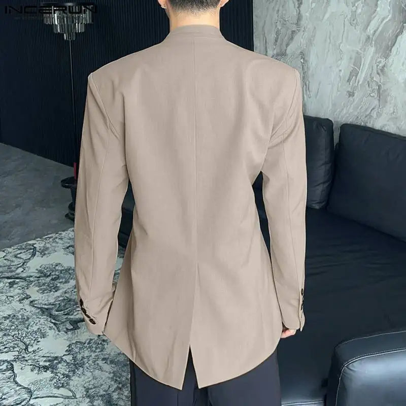 INCERUN Tops 2023 Korean Style New Men's Loose Simple Strapping Double Breasted Suit Coats Collarless Long Sleeved Blazer S-5XL