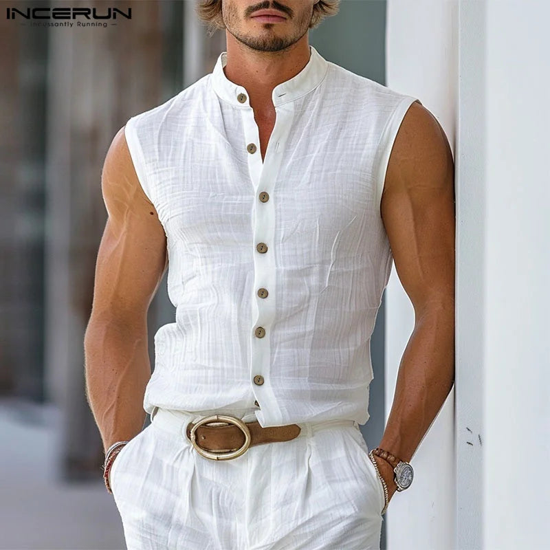 INCERUN Tops 2024 American Style Handsome Men's Solid Stand Collar Design Sleeveless Shirt Summer Casual Streetwear Blouse S-5XL