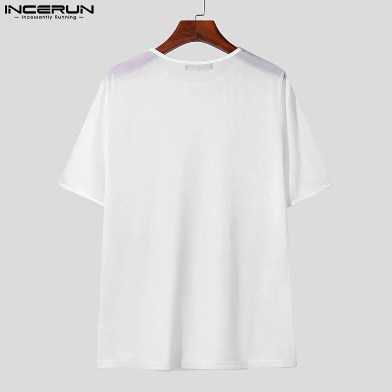 2024 männer T Shirts Mesh Transparent Oansatz Kurzarm Streetwear Männer Kleidung Einfarbig Sexy Mode Camisetas S-3XL INCERUN