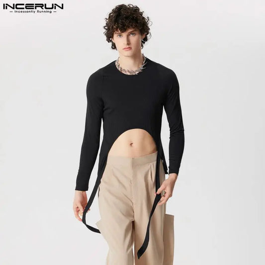 INCERUN Tops 2024 American Style Sexy Men's Knitted Short Strap Design Camiseta Casual Clubwear Male Long Sleeved T-shirts S-5XL