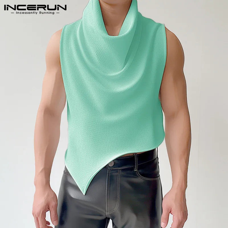 2024 männer Unregelmäßigen Tank Tops Solide Rollkragen Ärmelloses Beiläufige Männliche Westen Sommer Streetwear Fashion Crop Tops INCERUN