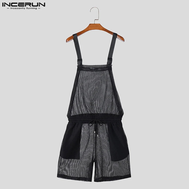 INCERUN Männer Overalls Shorts Mesh Transparent Solide Kordelzug Strampler Männer Streetwear 2024 Lose Ärmellose Träger Playsuits