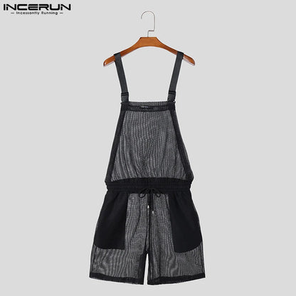 INCERUN Hommes Combinaisons Shorts Maille Transparent Solide Cordon Barboteuses Hommes Streetwear 2024 Lâche Sans Manches Bretelles Combinaisons