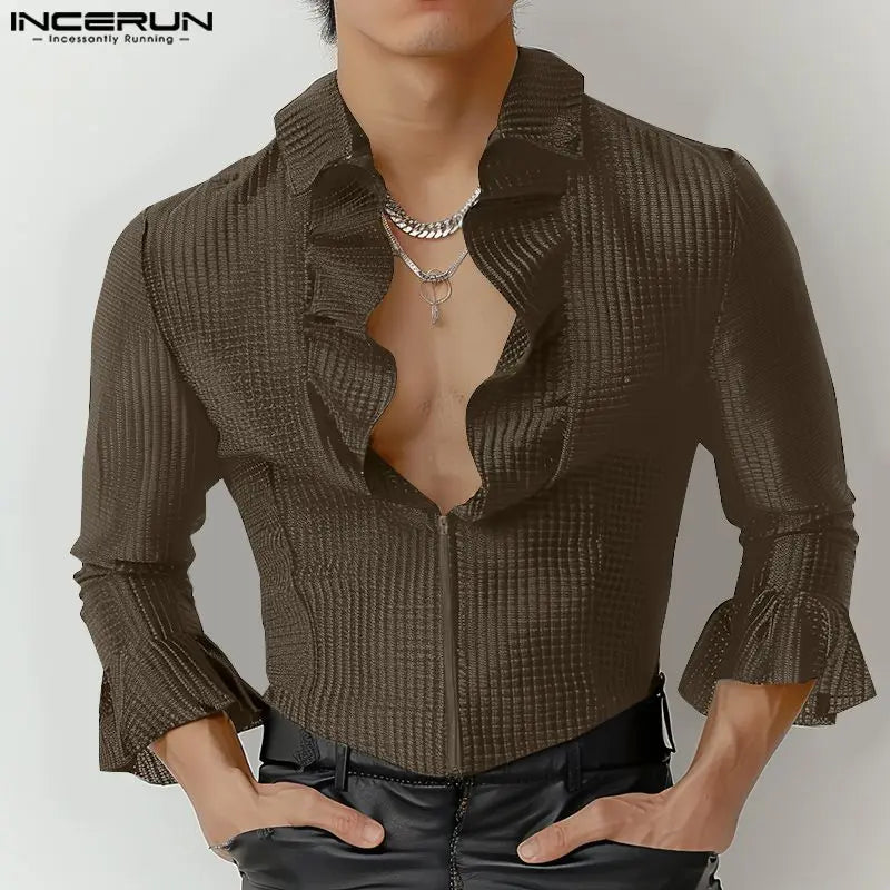 Handsome Well Fitting Tops INCERUN Men Ruffle Neck Texture Design Shirt Fashion Personality Male Solid Long Sleeved Blouse S-5XL