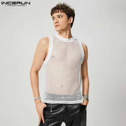 INCERUN Tops 2023 American Style New Men See-through Mesh Waistcoat Fashion Casual Male Hot Sale Knit Sleeveless Tank Tops S-5XL