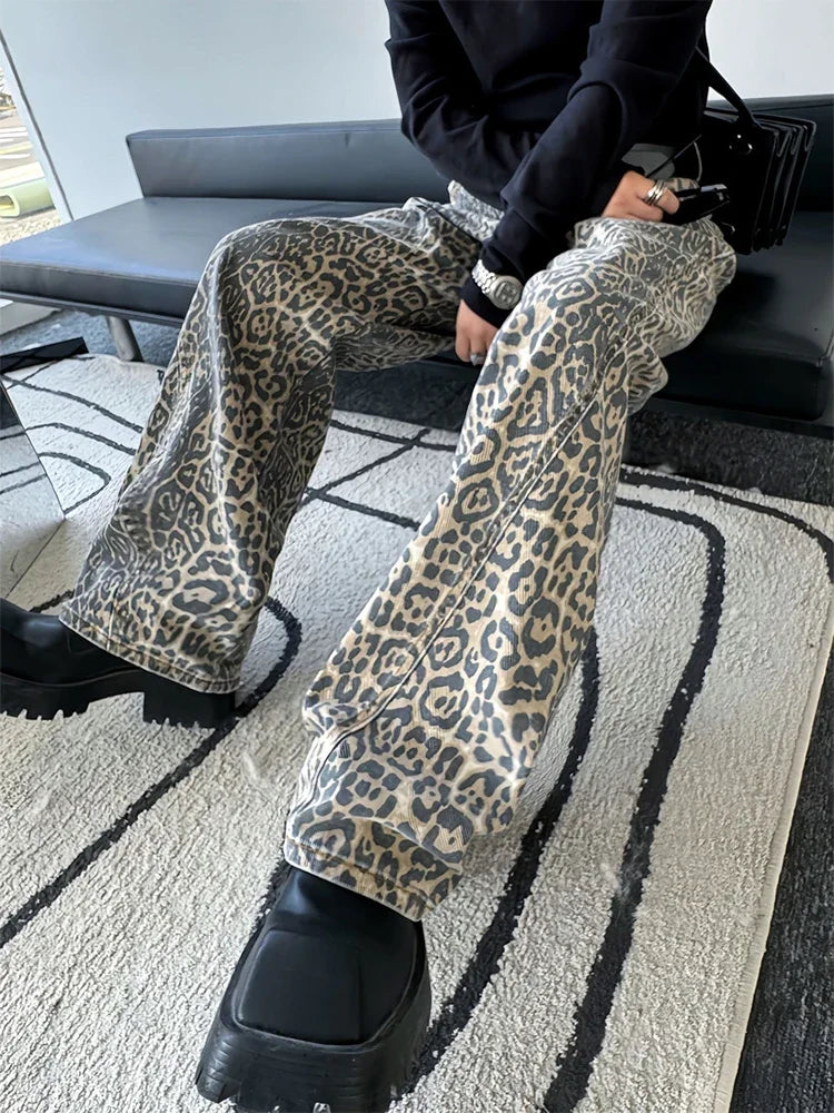 HOUZHOU Leopard Jeans Men Denim Pants Male Oversize Wide Leg Trousers Streetwear Hip Hop Vintage Animal Print Loose Casual