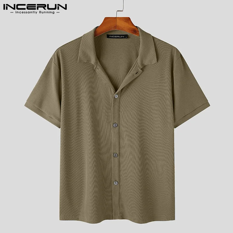 INCERUN Hommes Chemise Couleur Unie 2023 Revers Manches Courtes Style Coréen Hommes Vêtements Streetwear Été Tricoté Chemises Décontractées S-5XL