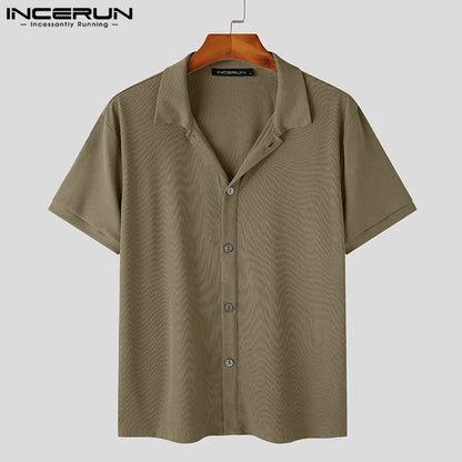 INCERUN Men Shirt Solid Color 2023 Lapel Short Sleeve Korean Style Men Clothing Streetwear Summer Knitted Casual Shirts S-5XL