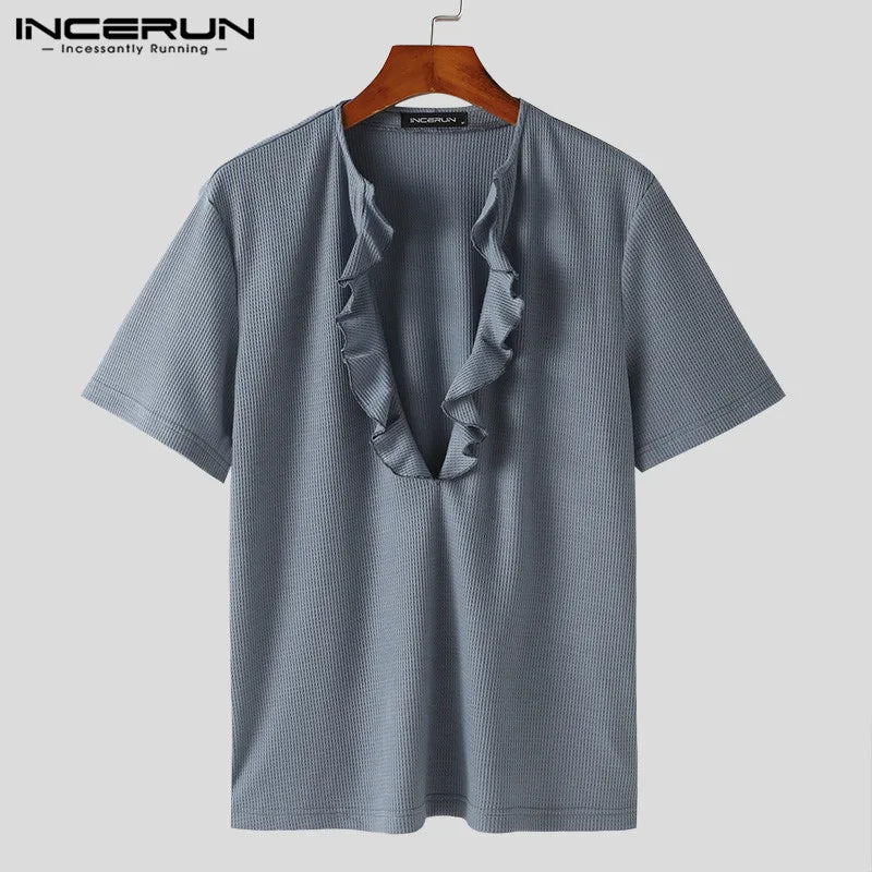 INCERUN Tops 2024 Style coréen Beau Nouveau Hommes Volants Conception Solide T-shirts Mode Sexy Cardigan À Manches Courtes Camiseta S-5XL