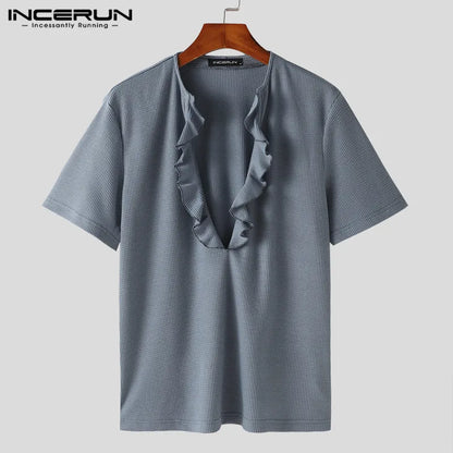 INCERUN Tops 2024 Koreanische Stil Hübsche Neue Männer Volant Design Solide T-shirts Mode Sexy Strickjacke Kurzarm Camiseta S-5XL