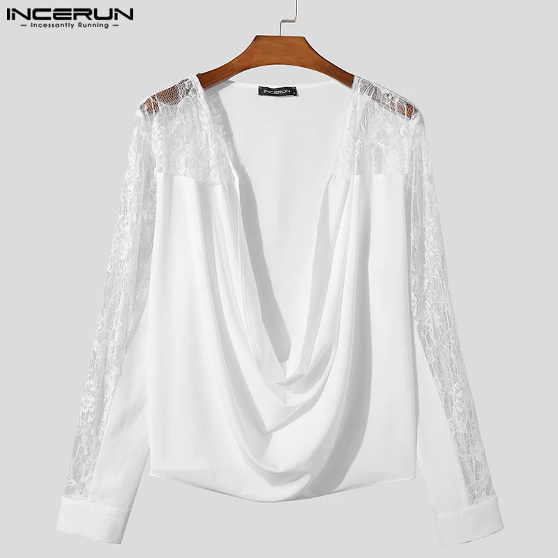 INCERUN Tops 2024 American Style New Men's Pile Up Collar Design Shirts Splicing Lace Male Solid Color Long Sleeved Blouse S-5XL