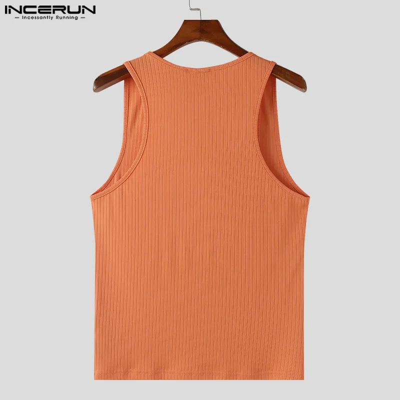 INCERUN Men Tank Tops Solid Color U-Neck Collar Sleeveless Button Casual Male Vests Summer Streetwear 2024 Fashion Men Clothing