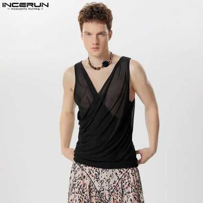 INCERUN Tops 2024 American Style Sexy Men's Mesh Cross Low Neck See-through Vests Fashion Solid Thin Sleeveless Tank Tops S-5XL