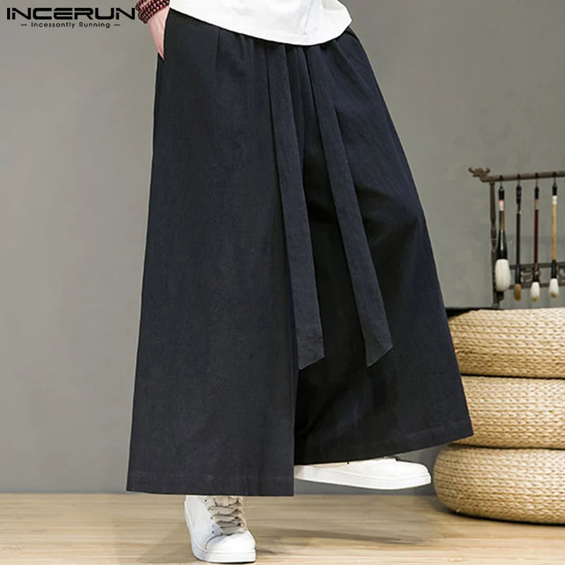 INCERUN 2023 Chinese Style Men's Long Pants Cotton Linen Straight Tube Trousers Solid Loose Size Wide Leg Casual Pantalons S-5XL