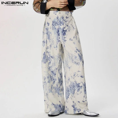 INCERUN 2024 Hose im koreanischen Stil, stilvolle lange Hose mit Blumenmuster für Herren, Freizeit-Streetwear, einfache Pantalons mit geradem Bein, S-5XL