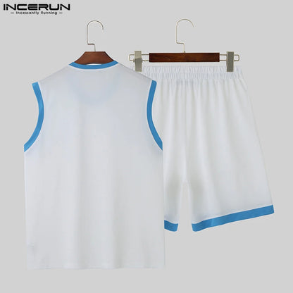 INCERUN 2024 Korean Style Handsome Mens Sets Sleeveless Vests Shorts Leisure Streetwear Male Shoulder Design Suit 2 Pieces S-5XL