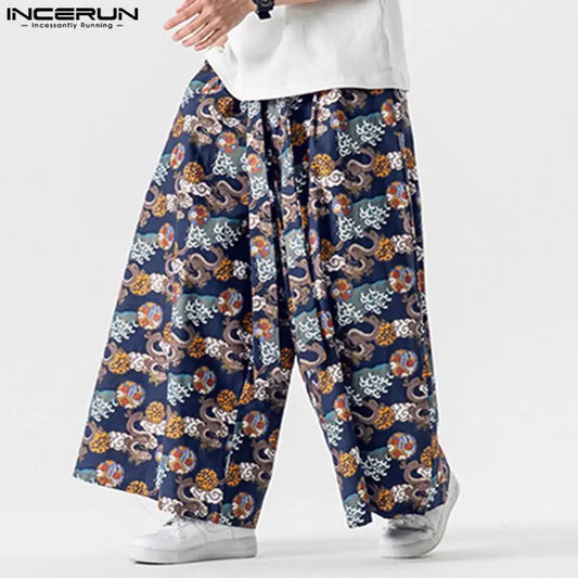 Fashion Well Fitting Men Pantalons INCERUN Dragon Printed Pattern Trousers Casual Personality Male Straight Leg Loose Pant S-5XL