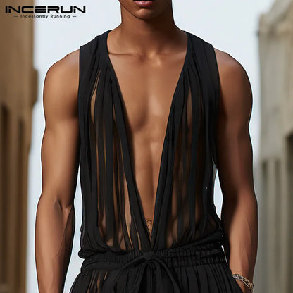 INCERUN 2024 American Style Jumpsuits New Men's Striped Perspective Design Rompers Fashion Party Hot Sale Deep V Jumpsuits S-5XL