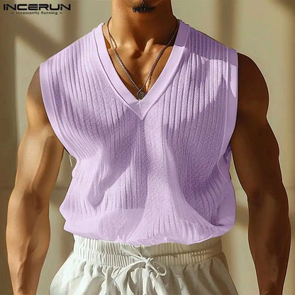 Fashion Casual Style Tops INCERUN New Men V-neck Striped Slightly Transparent Vests Summer Male Loose Sleeveless Tank Tops S-5XL