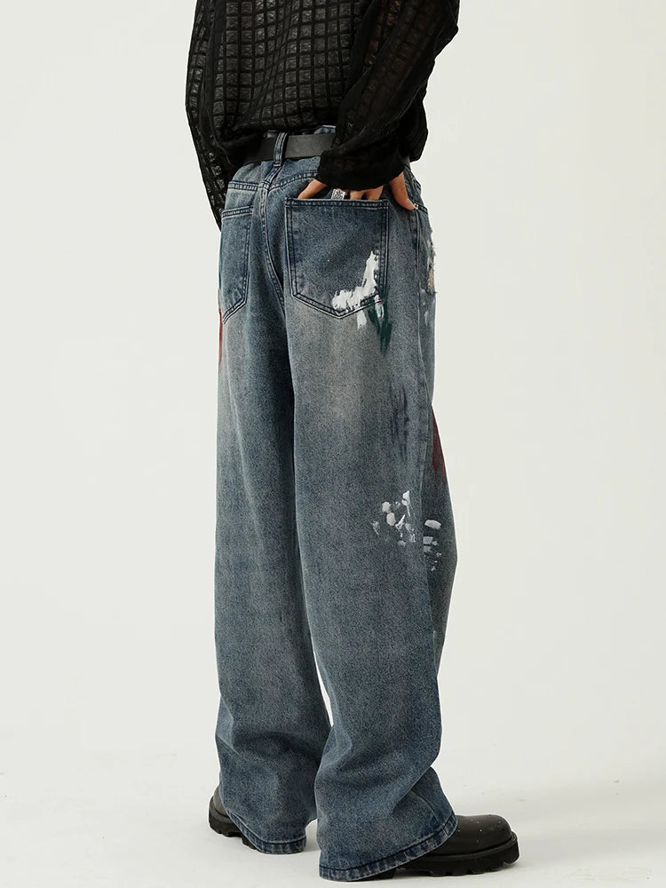 HOUZHOU Oversize Graphic Jeans Y2k Hommes Déchiré Jeans Pantalon Avec Imprimé Bleu Denim Pantalon Homme Punk Japonais Streetwear Hip Hop