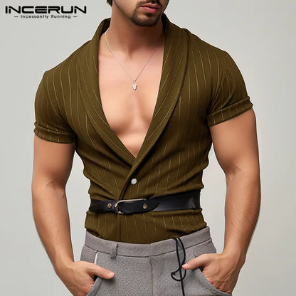 2024 Summer Shirts Men INCERUN  Fashion Short Sleeve Tops Men Clothing Streetwear Casual Shirts Stripe Shirt S-5XL Button V Neck