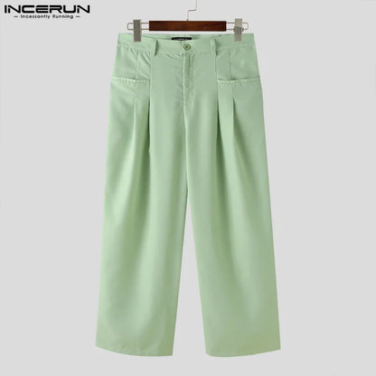 INCERUN 2024 Korean Style Trousers Mens Personality Pleated Pocket Long Pants Casual Hot Sale Solid Straight Leg Pantalons S-5XL