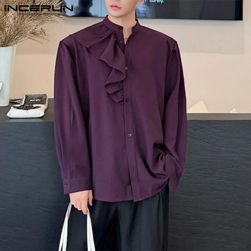 INCERUN 2024 Korean Style New Men's Tops Court Style Irregular Flounce Design Shirts Casual Streetwear Stand Collar Blouse S-5XL