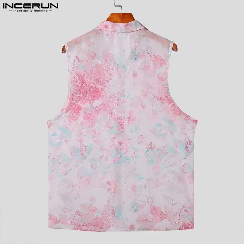 INCERUN Tops 2024 Korean Style Men's Sexy Froral Print Perspective Shirts Casual Streetwear Personality Sleeveless Blouse S-5XL