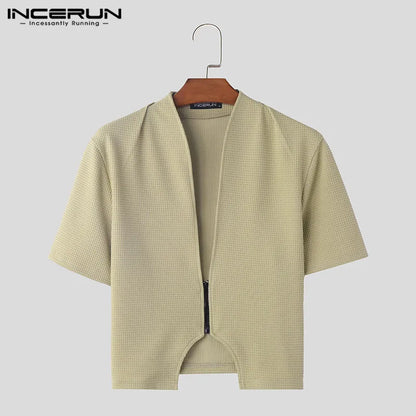 2024 Men Shirt Solid Color V Neck Short Sleeve Zipper Streetwear Men Clothing Stylish Casual Irregular Crop Tops S-5XL INCERUN