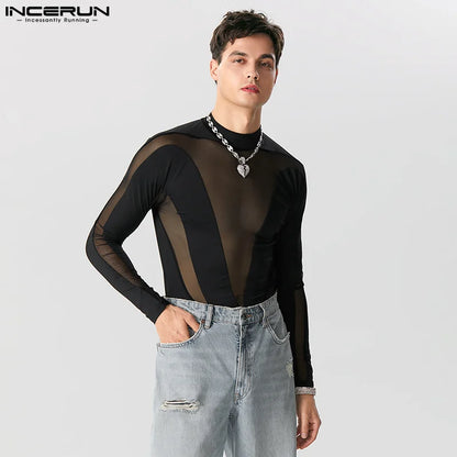 Sexy Stylish Bodysuits INCERUN Mens Homewear O-Neck Mesh Splice Bodysuits Casual Solid Long Sleeve Thin Triangle Jumpsuits S-5XL