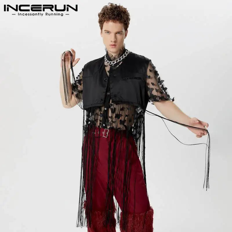 Fashion Casual Style Tops INCERUN 2024 Handsome Mens Solid Patchwork Long Tassel Vests Sexy Male Thin Sleeveless Tank Tops S-5XL