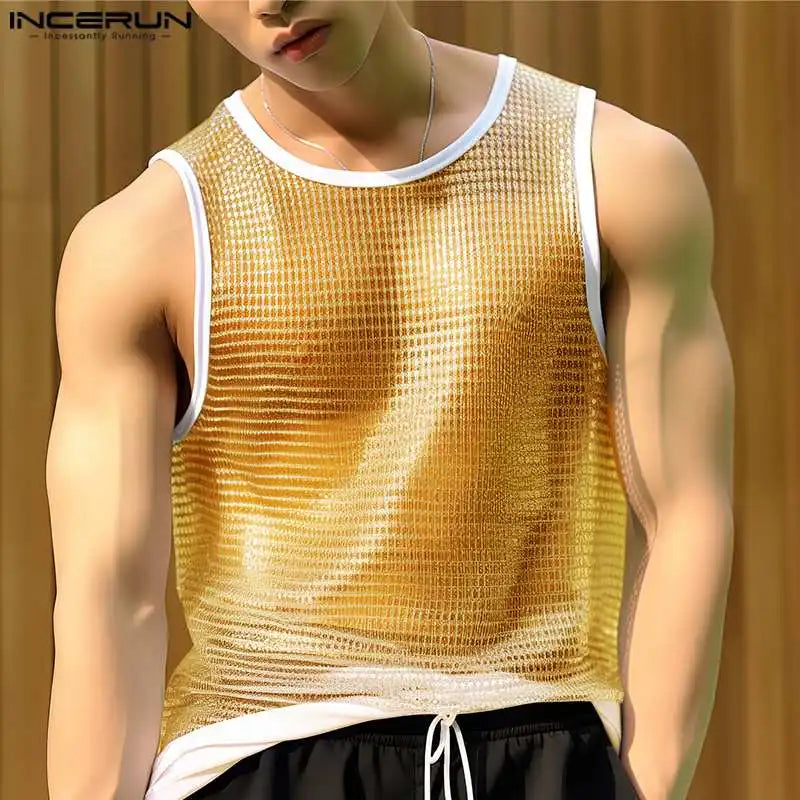 Sexy Fashion Style Tops INCERUN Mens Glitter Micro Perspective Vests Casual Streetwear Patchwork Edge Sleeveless Tank Tops S-5XL