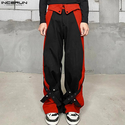 INCERUN 2024 Korean Style New Men Trousers Patchwork Cross Design Long Pants Casual Streetwear Contrasting Color Pantalons S-5XL