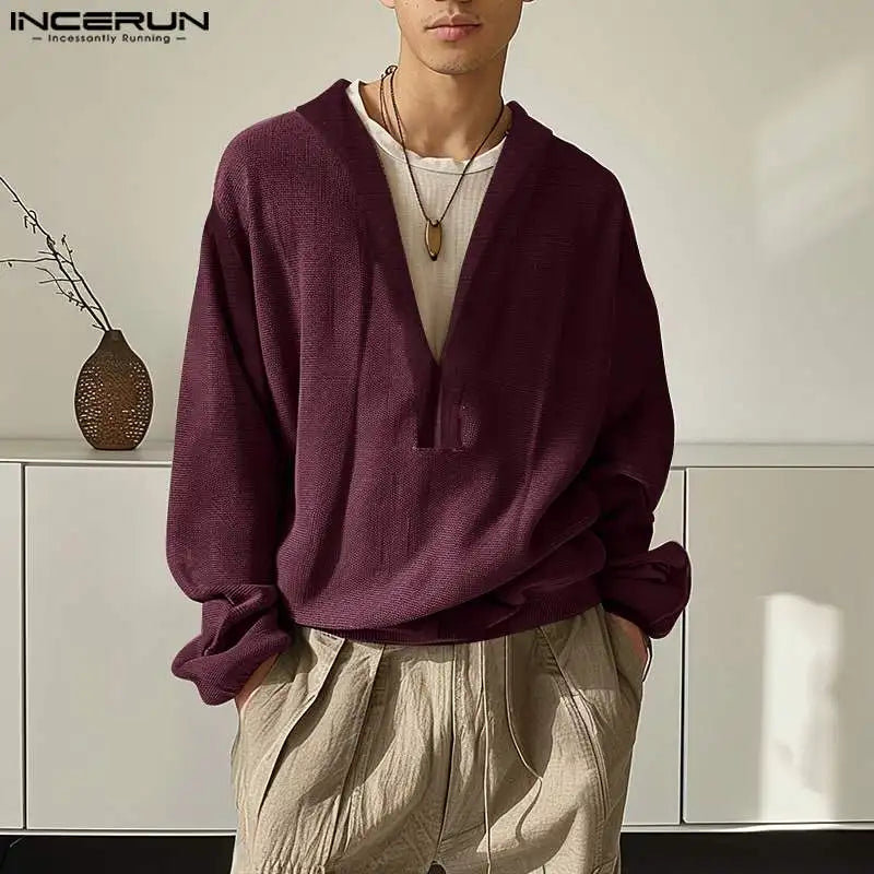 INCERUN Tops 2024 Korean Style Casual Men Deep V-neck Pullovers Stylish Streetwear Male Hot Sale Long Sleeved Sweatshirts S-5XL