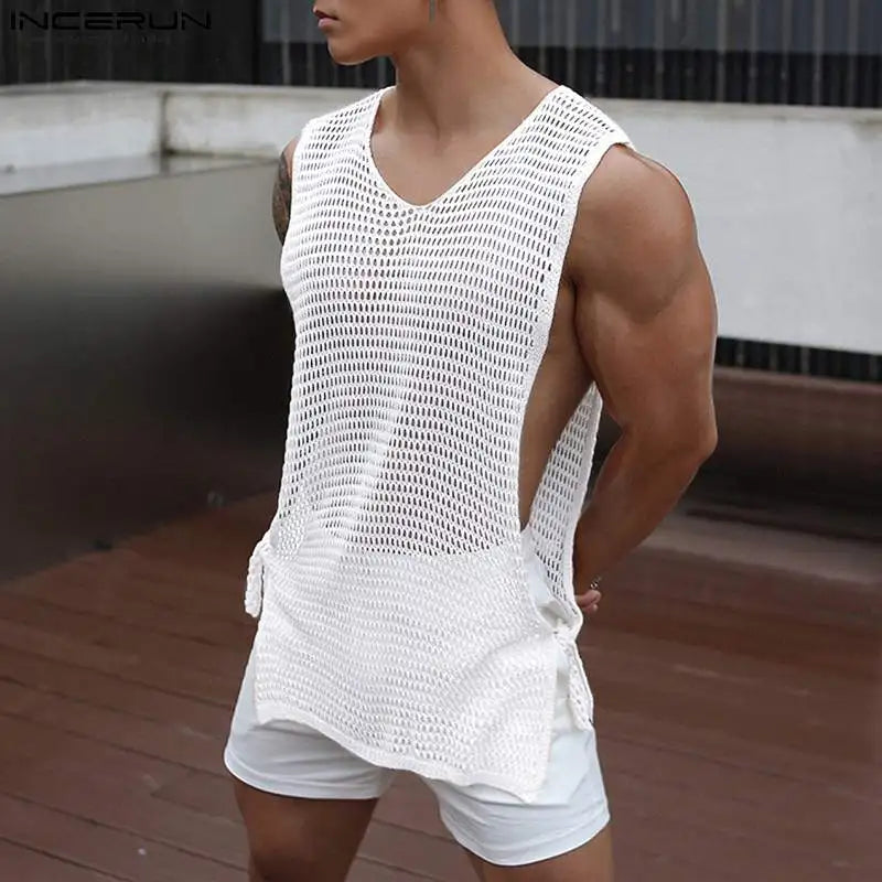 2023 Men Tank Tops Mesh Solid Color V Neck Sleeveless Summer Transparent Male Vests Lace Up Sexy Streetwear Tops S-5XL INCERUN