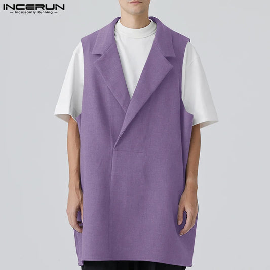 Fashion Casual Style Tops INCERUN Handsome Men's Loose Mid Length Vests Coats Streetwear Solid Sleeveless Waistcoats S-5XL 2024