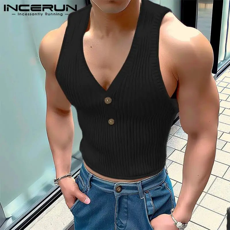 INCERUN Tops 2024 Koreanische Stil Männer Sommer Mode Gestrickte Pit Streifen V-ausschnitt Westen Casual Einfache Solide Ärmellose Tank Tops S-5XL