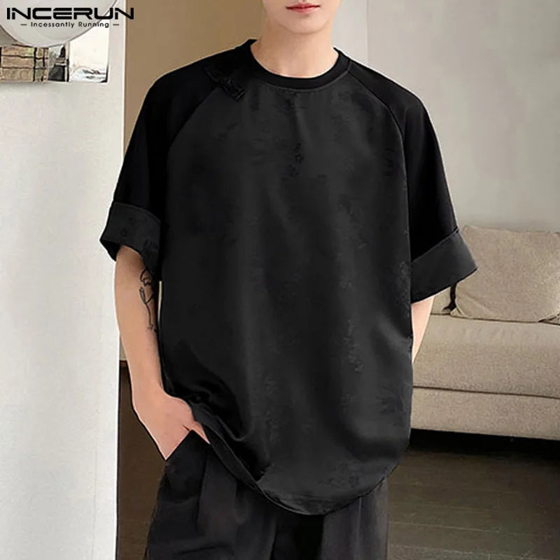 Stylish Casual Style Tops INCERUN New Men Satin Jacquard Splicing T-shirts Streetwear O-neck Buckle Short Sleeved Camiseta S-5XL