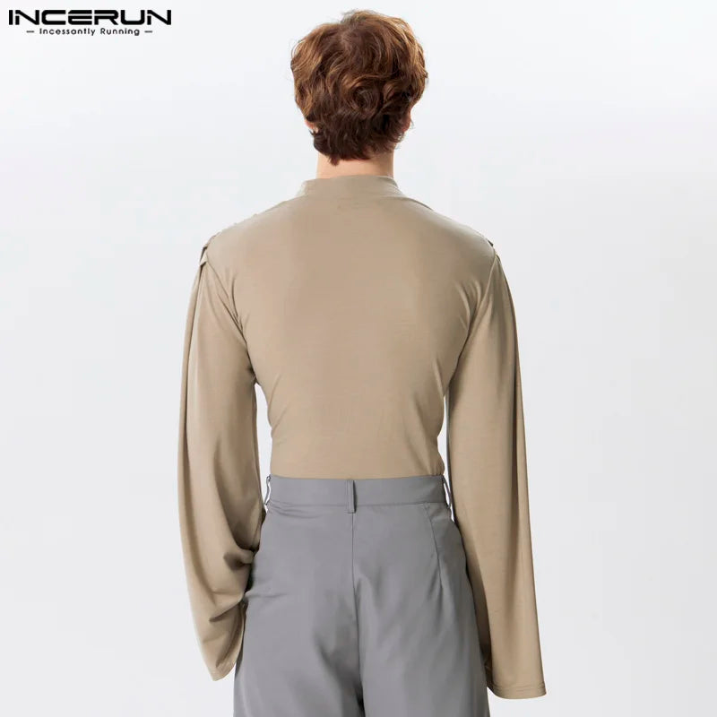 INCERUN Men T Shirt Turtleneck Long Sleeve Pleated Male Irregular Tee Tops Streetwear 2024 Solid Color Casual Fashion Camisetas