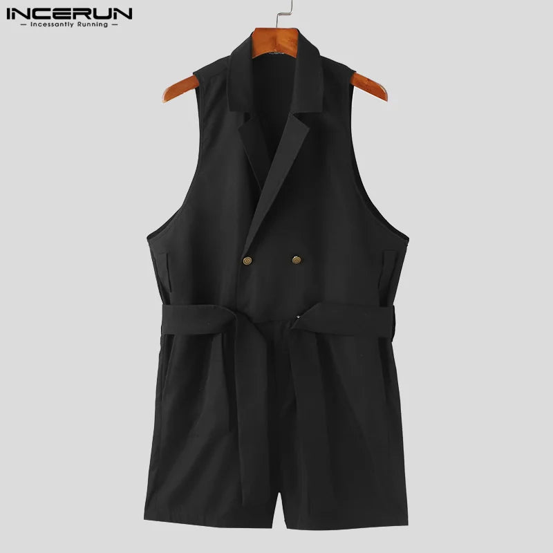 INCERUN 2024 Korean Style Bodysuits New Men's Solid Loose Straight Jumpsuits Casual Summer Sleeveless Suit Collar Rompers S-5XL