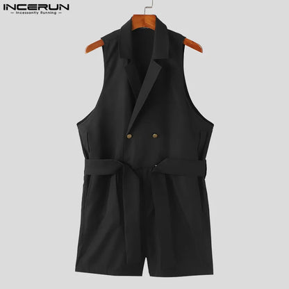 INCERUN 2024 Korean Style Bodysuits New Men's Solid Loose Straight Jumpsuits Casual Summer Sleeveless Suit Collar Rompers S-5XL