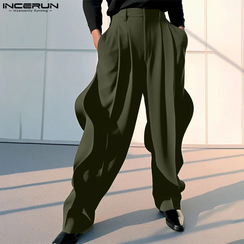 INCERUN 2024 Pantalons de style américain Élégant Nouveaux Hommes Silhouette irrégulière Pantalon Décontracté Fête Spectacle Solide Pantalon Large S-5XL