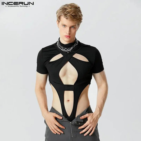 INCERUN 2023 Sexy New Mens Homewear Jumpsuits Symmetric Hollow Design Short Sleeve Half High Neck Solid Triangle Bodysuits S-5XL