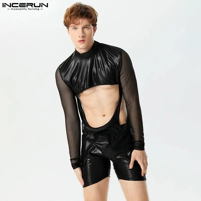 INCERUN 2024 Sexy Beau Hommes Loungewear Flash Tissu Épissage Bodys Élégant Homme À Manches Longues Creux Mince Combinaisons S-5XL