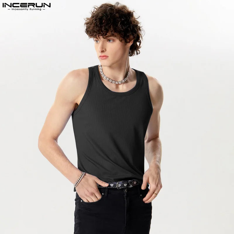 INCERUN Tops 2024 American Style Mens Back Cross Strap Design Vests Casual Streetwear Solid Well Fitting Knitted Tank Tops S-5XL