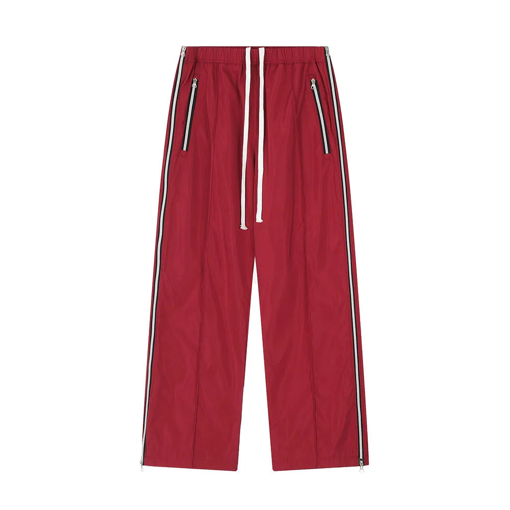 HOUZHOU Y2K Pantalon large avec fermetures éclair latérales Pantalon de survêtement pour homme Pantalon ample décontracté de sport rouge et noir Pantalon à fermeture éclair fendu Streetwear