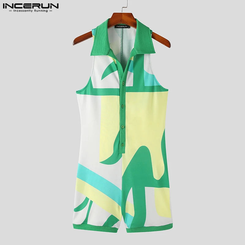 Fashion Casual Style Men's Jumpsuit Shorts INCERUN Streetwear Hot Selling Colorful Printed Lapel Sleeveless Rompers Shorts S-5XL