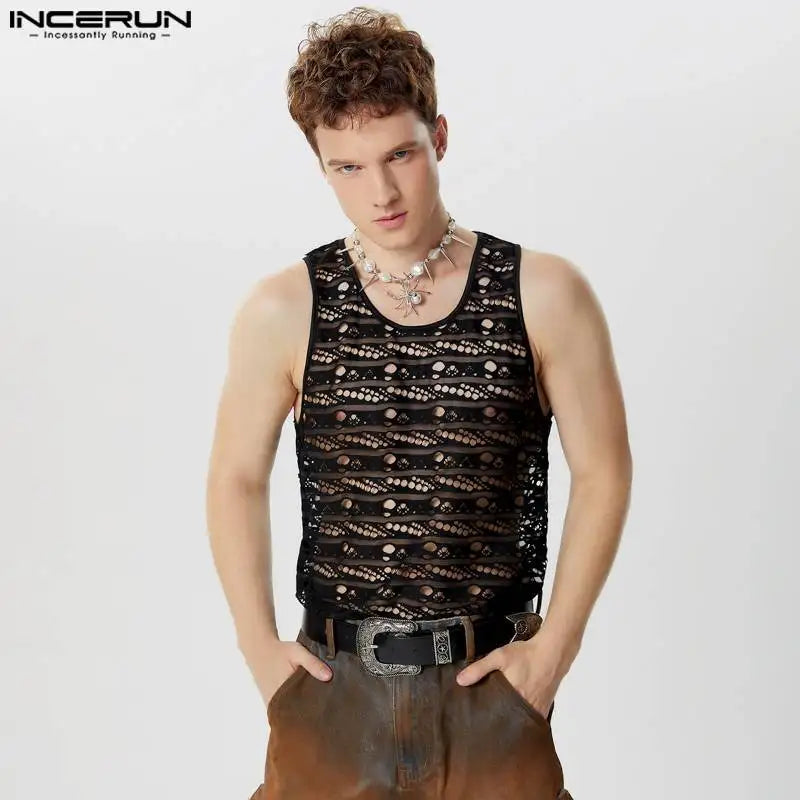 INCERUN Tops 2024 Style américain Hommes Sexy Mesh Perspective Design Gilets Été Mode Homme Vente Chaude Sans Manches Débardeurs S-5XL