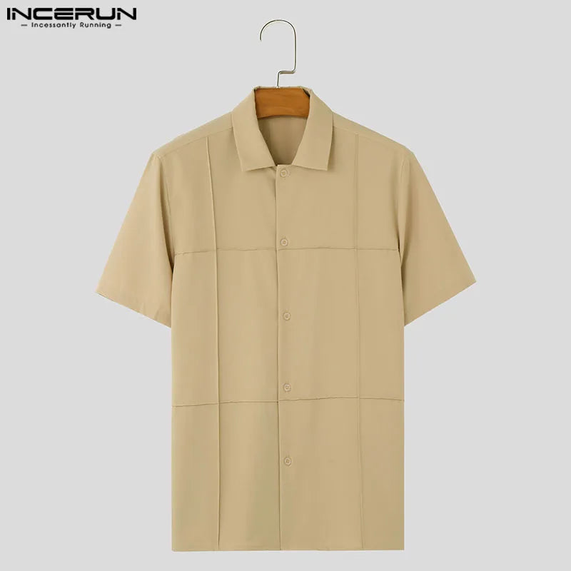 Casual Simple Style Tops INCERUN New Men's Summer Solid Simple Design Shirt Streetwear Male All-match Short Sleeved Blouse S-5XL